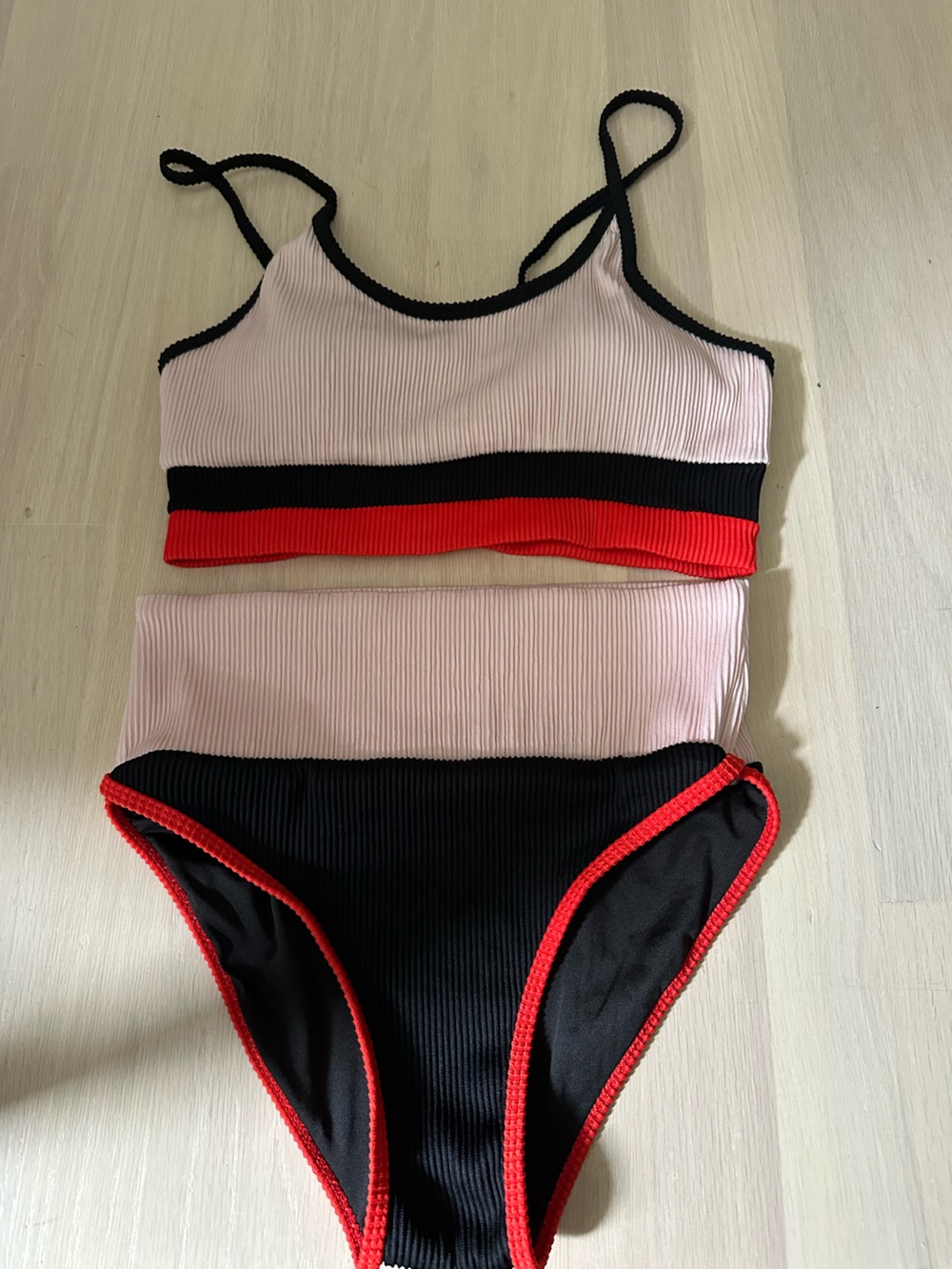Ribbed Two-Piece Swim Set in Blush, Black & Red